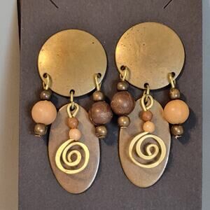 Boho Brass Dangle Earrings with Beads & Spiral Charm Tribal Boho Style